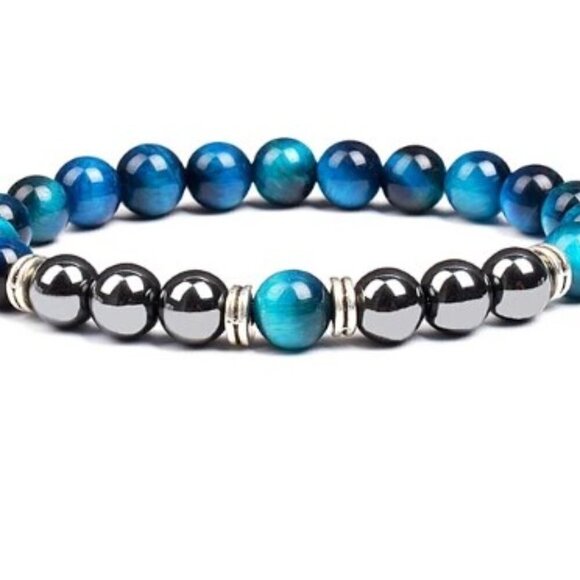 BLUE TIGER’S EYE BRACELET GEM BEAD BRACELT UNISEX NEW - Picture 1 of 5